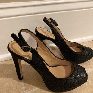 BCBG Super Sexy Black Peep Toe Pumps